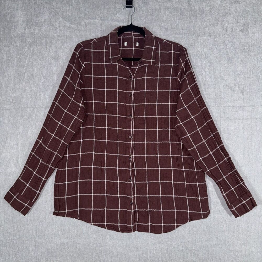 Orvis Women's Every Season Gauze Shirt Brown Windowpane Plaid XL Button Up